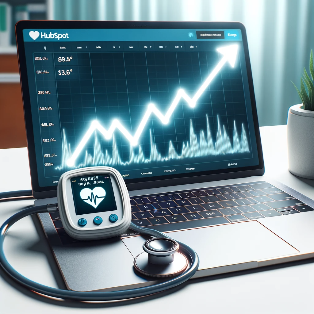 DALL·E 2023-10-22 18.46.24 - Photo of a hospital heart rate monitor displaying an upward growth trend instead of the usual heartbeat. Next to the monitor, theres a laptop open wi