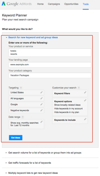 screenshot from google adwords keyword planner